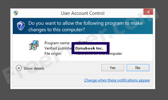 Screenshot where Dynabook Inc. appears as the verified publisher in the UAC dialog